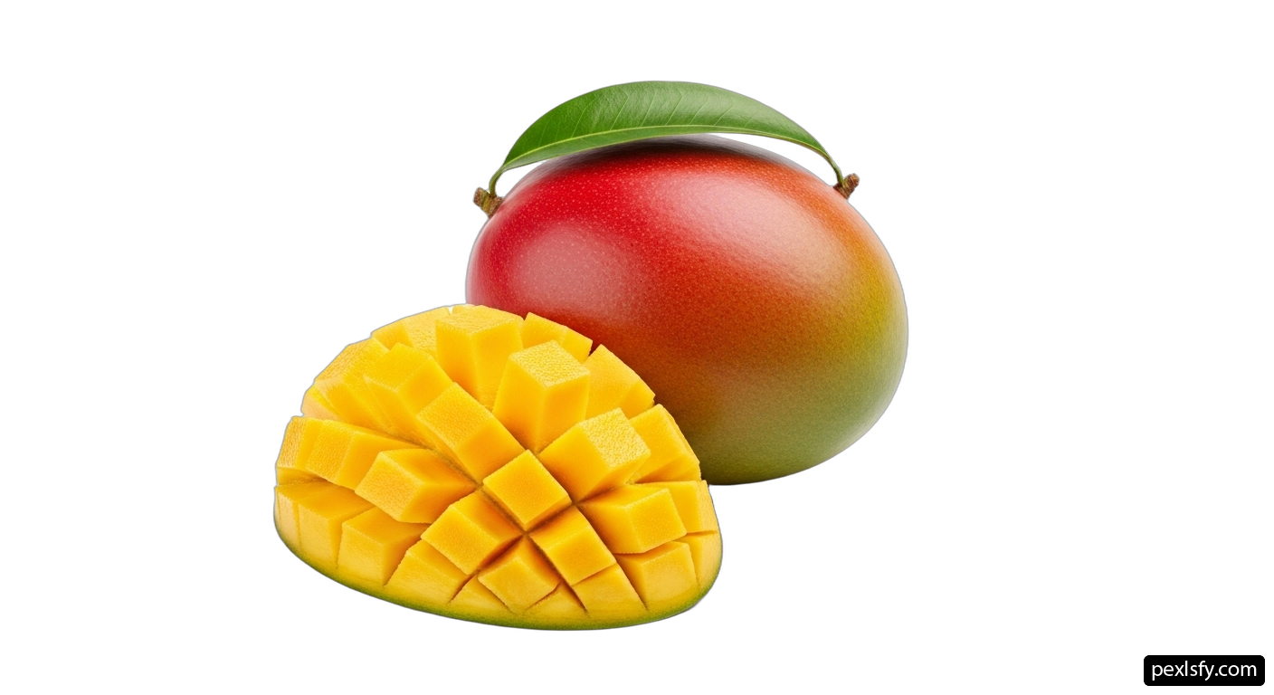 Mango cut in half next to a whole mango png transparent background