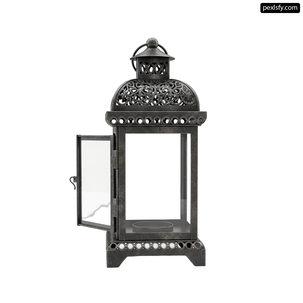 Metal lantern with a glass door on a white background png transparent background
