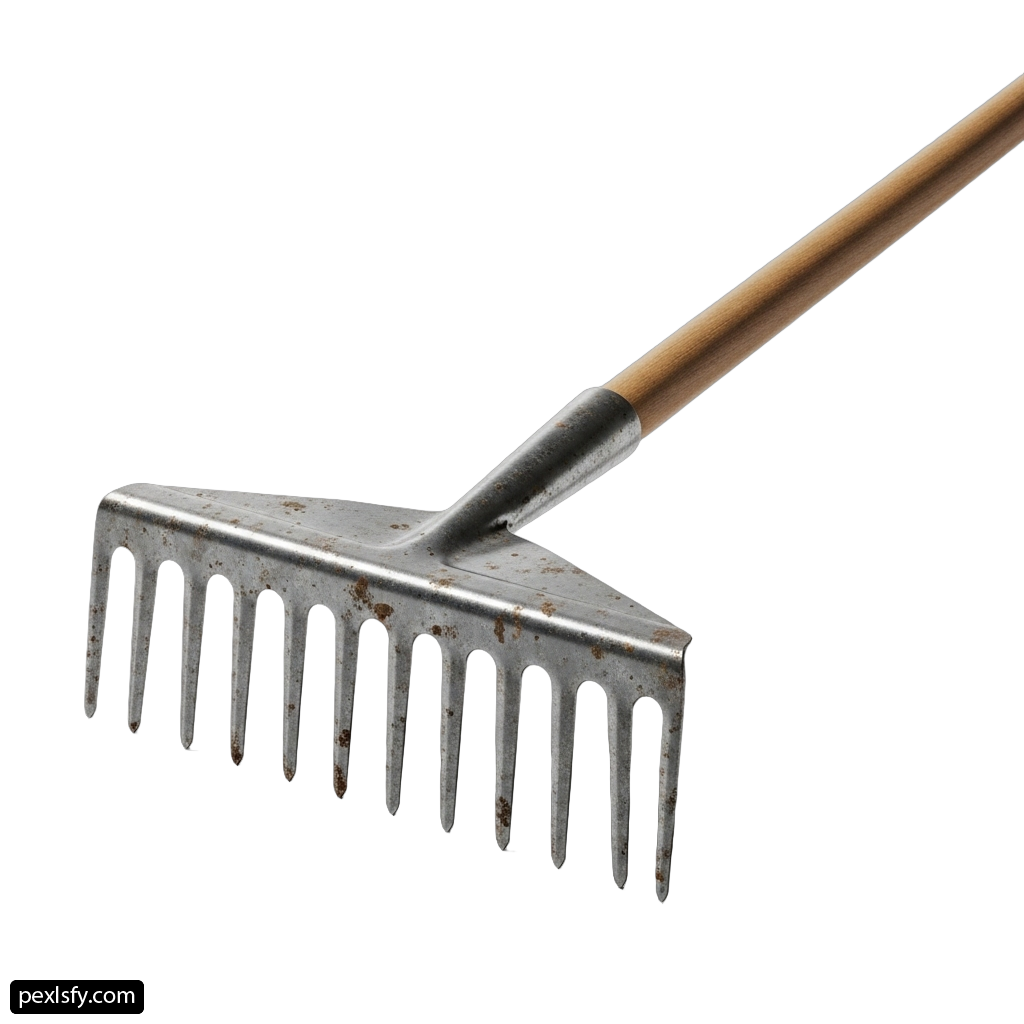 Metal rake with a wooden handle on a white background png transparent background