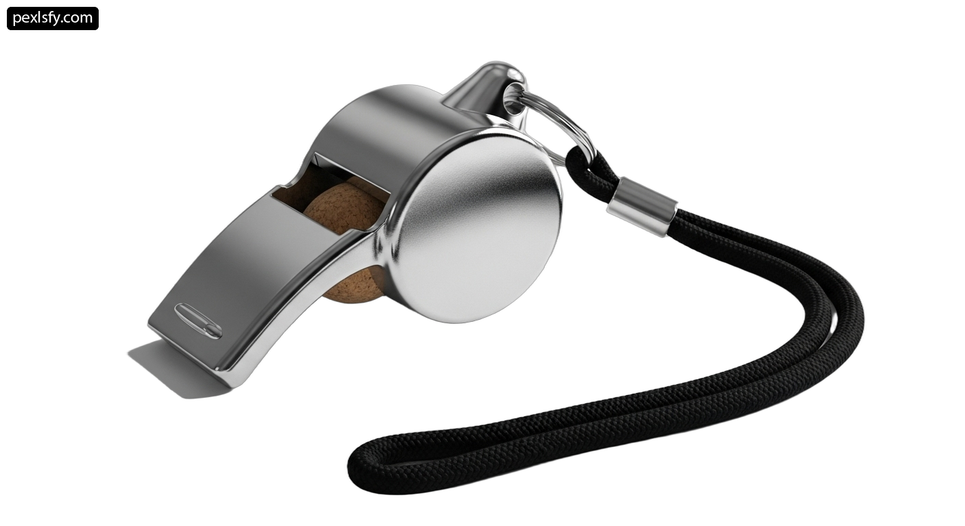 Metal whistle with a black cord attached to it png transparent background
