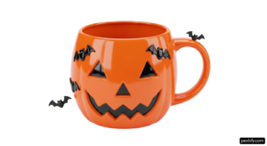 Orange mug with a jack - o'- lantern face and bats on it png transparent background