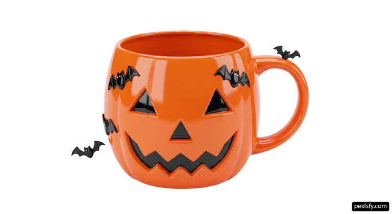 Orange mug with a jack - o'- lantern face and bats on it png transparent background
