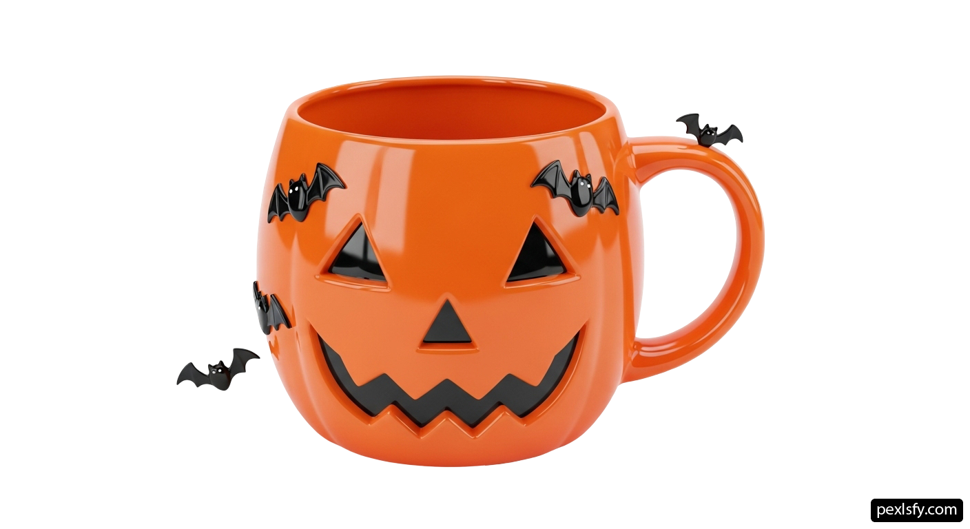Orange mug with a jack - o'- lantern face and bats on it png transparent background