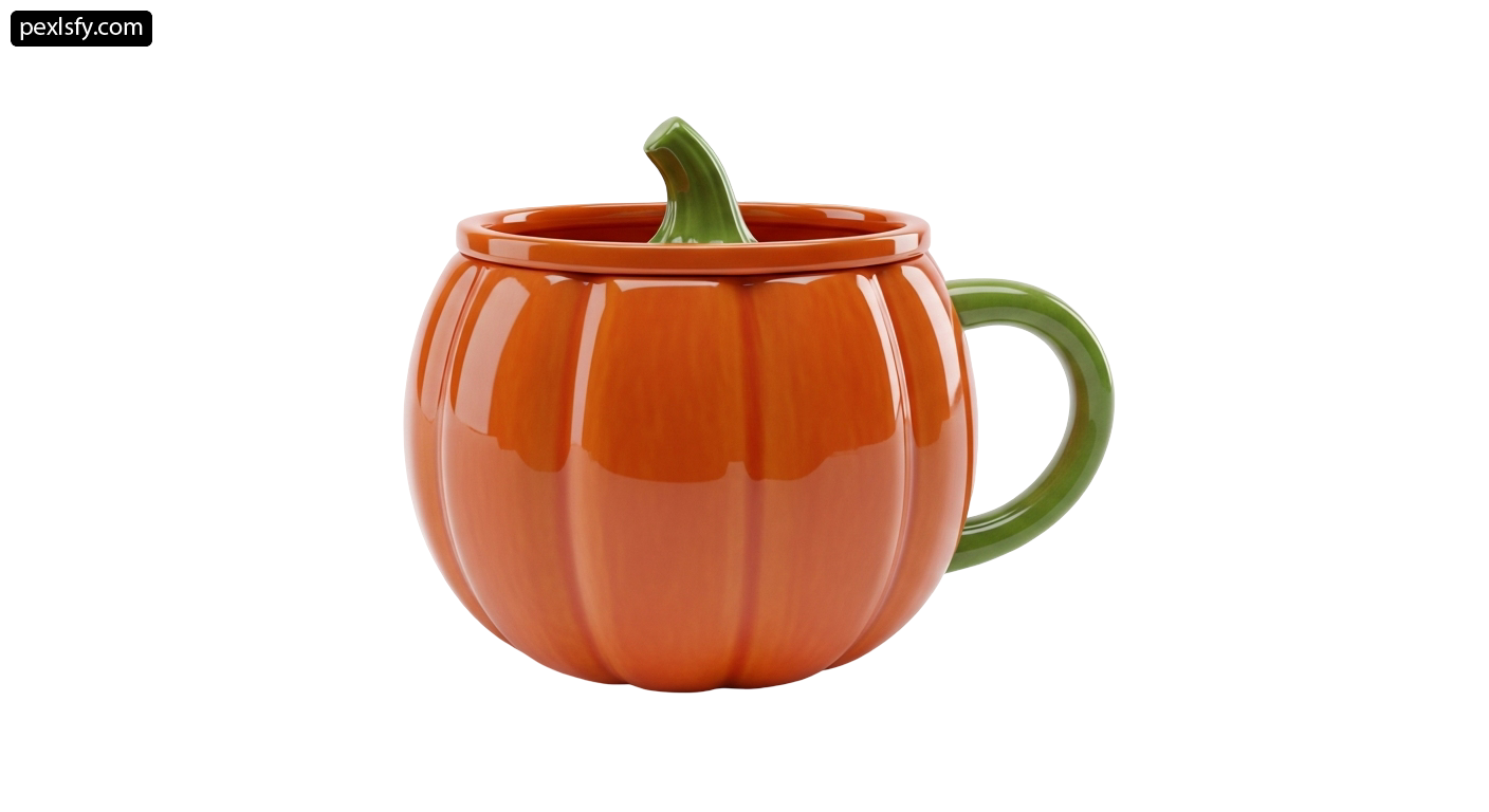 Orange pumpkin shaped mug with a green handle png transparent background