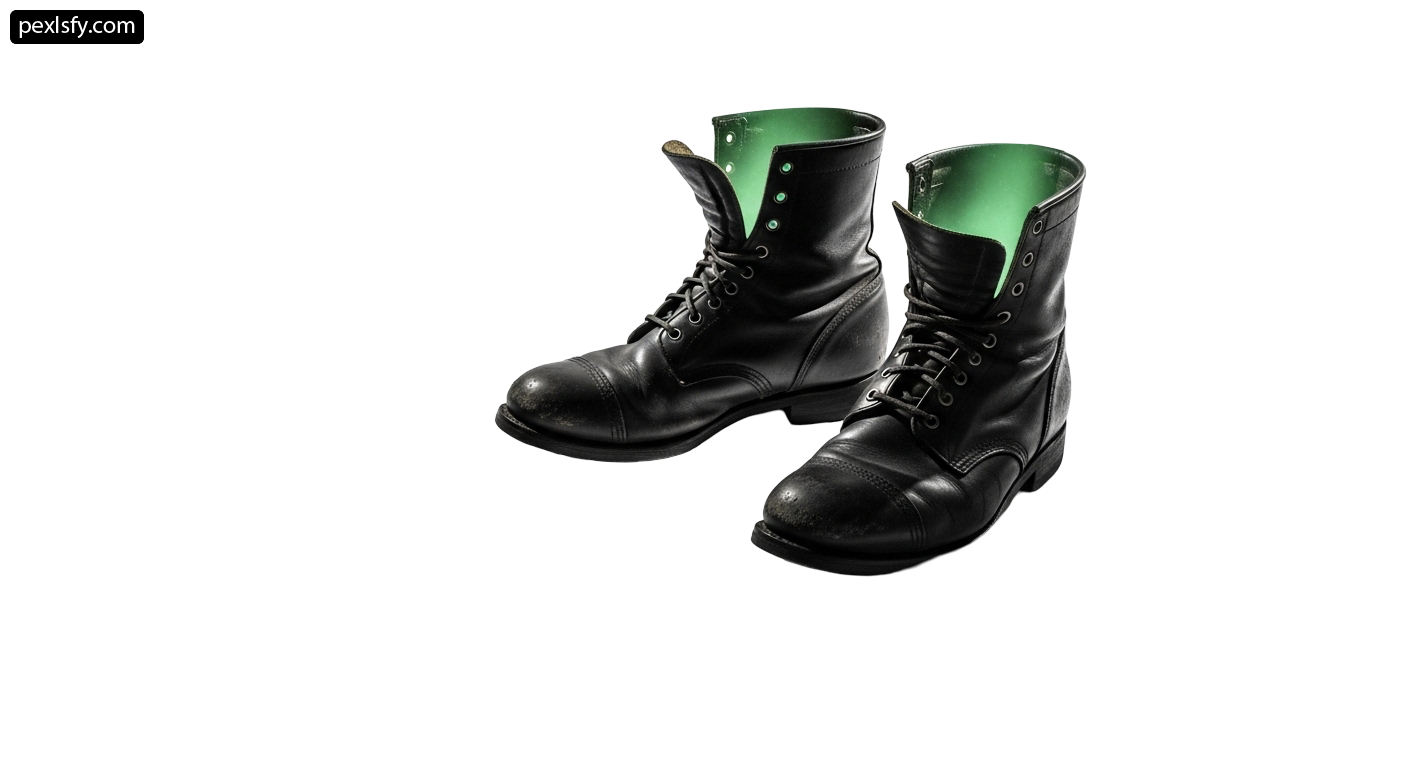 Pair of black and green boots on a white background png transparent background