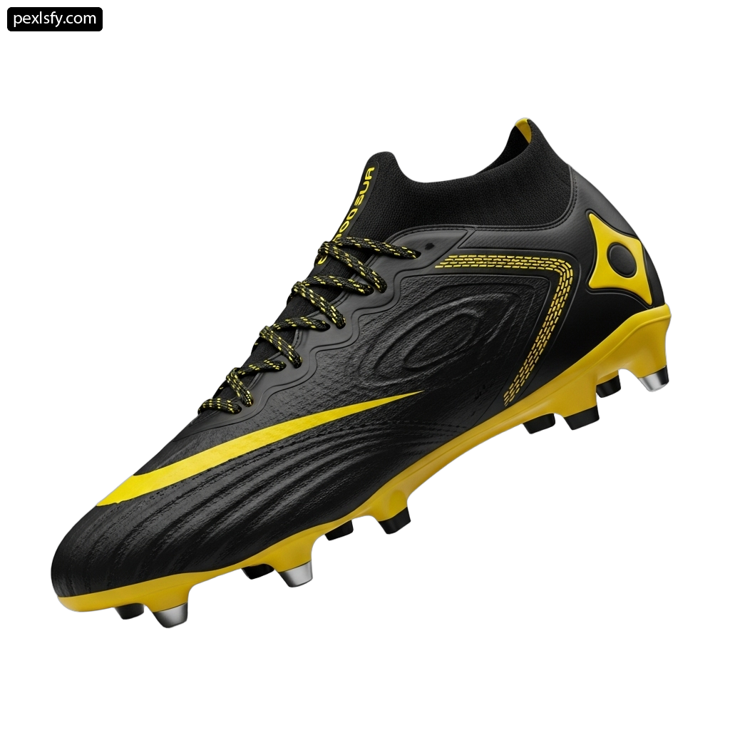 Pair of black and yellow soccer shoes on a white background png transparent background