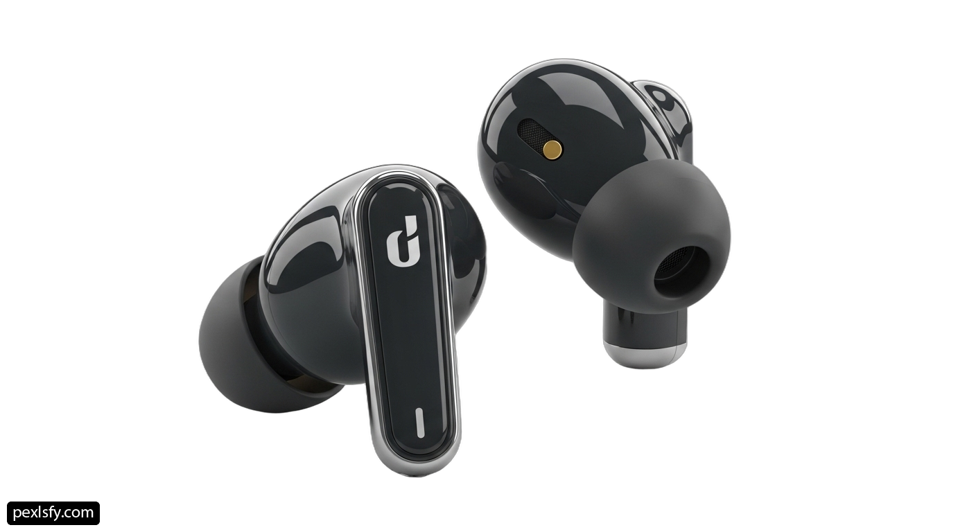 Pair of black earbuds sitting on top of each other png transparent background