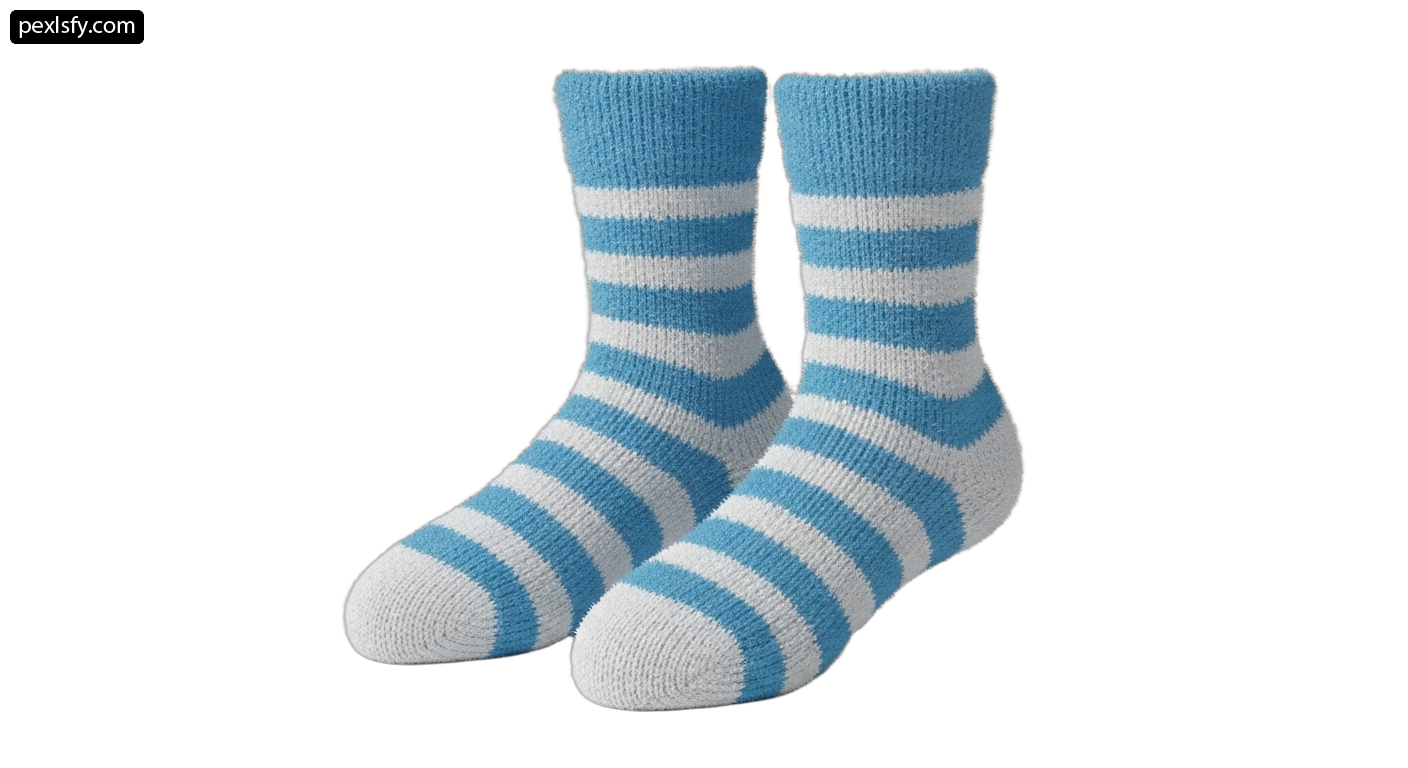 Pair of blue and white striped socks on a white background png transparent background
