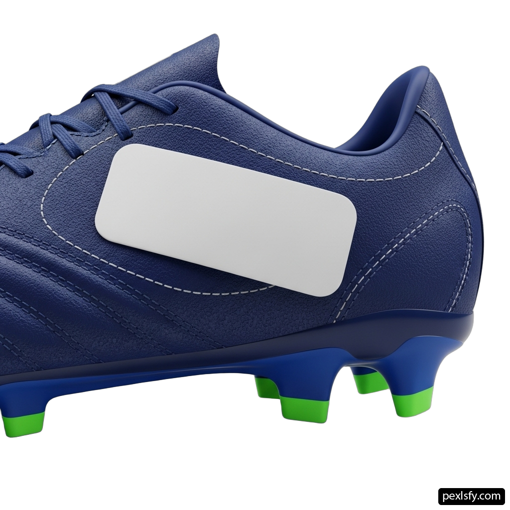 Pair of blue soccer shoes with a white tag on them png transparent background