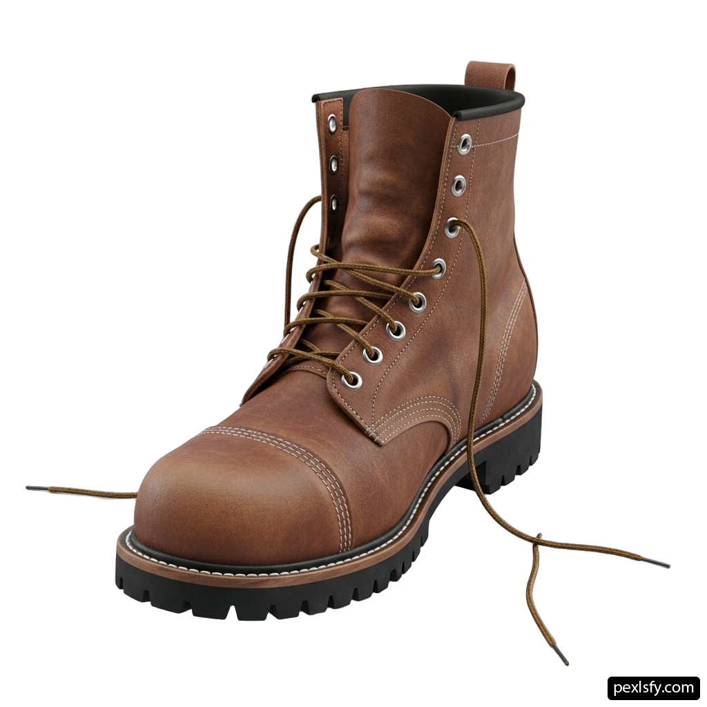 Pair of brown work boots on a white background png transparent background