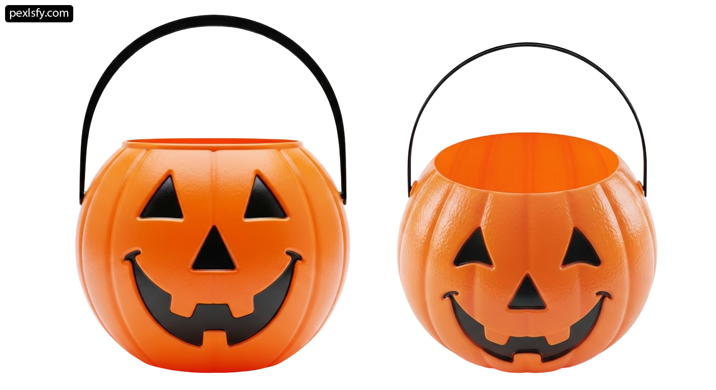 Pair of orange plastic jack-o-lantern buckets with black handles png transparent background