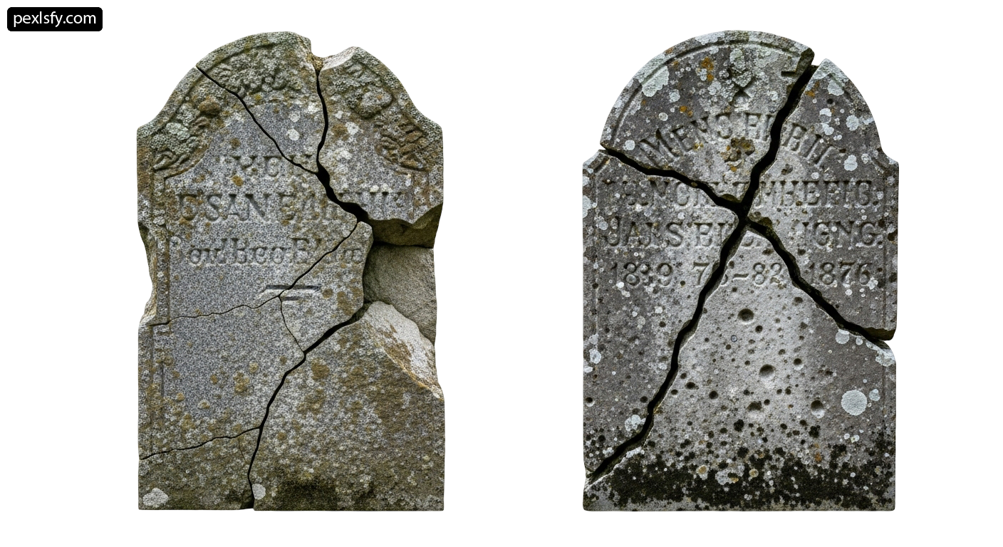 Pair of stone headstones with writing on them png transparent background