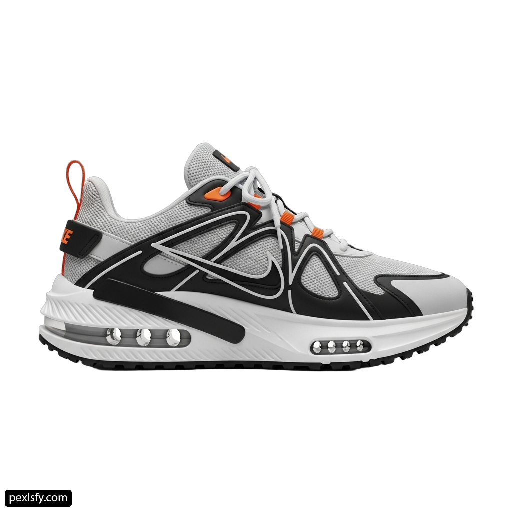 Pair of white and black sneakers with orange accents png transparent background