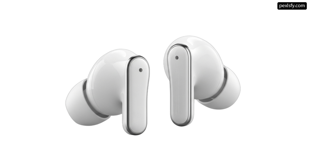 Pair of white earbuds on a white background png transparent background