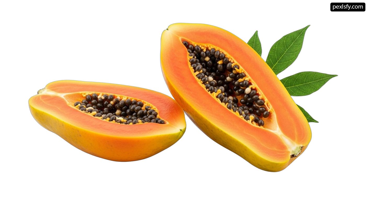 Papaya cut in half with leaves on a white background png transparent background