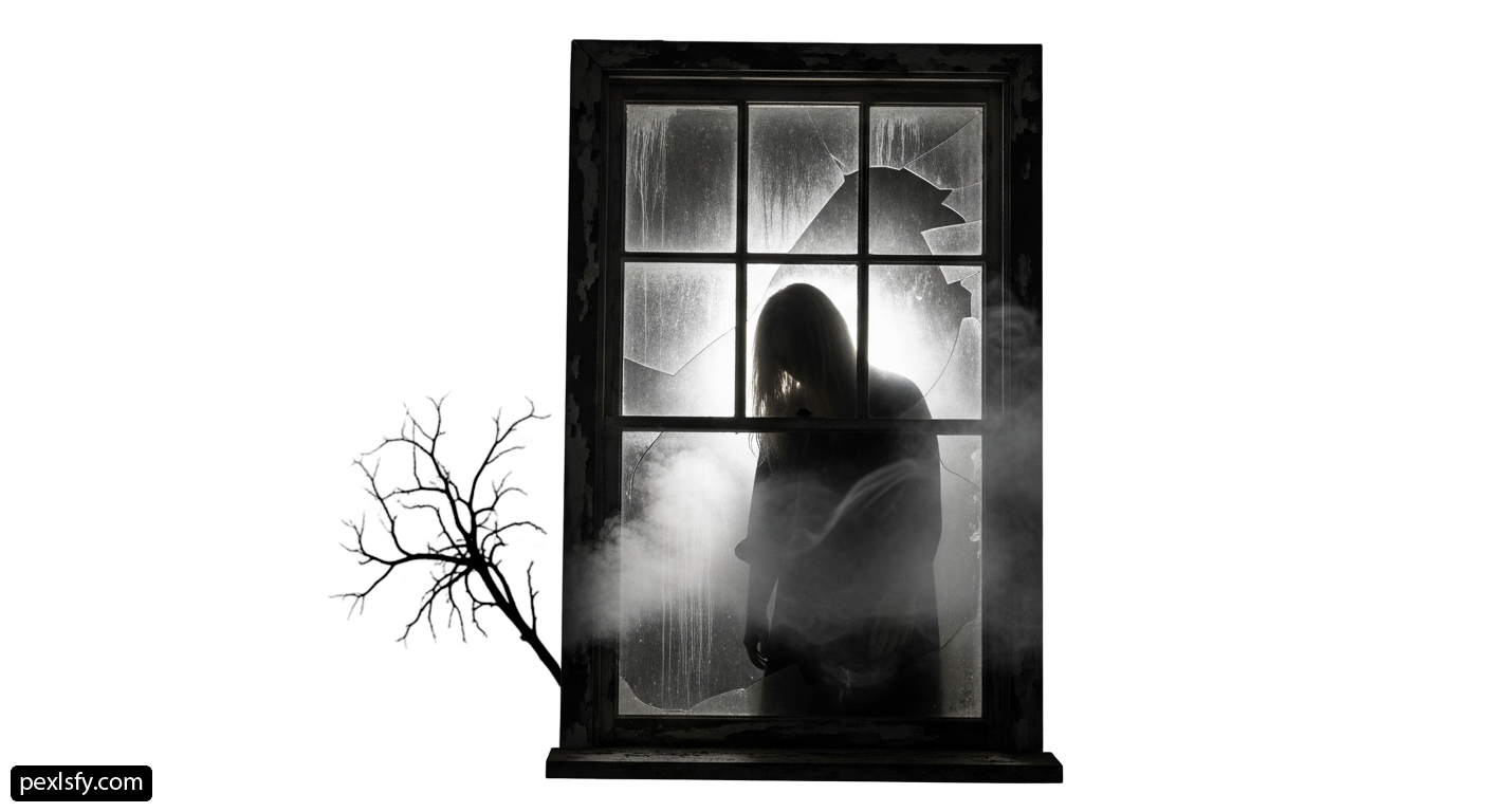 Person standing in front of a broken window png transparent background