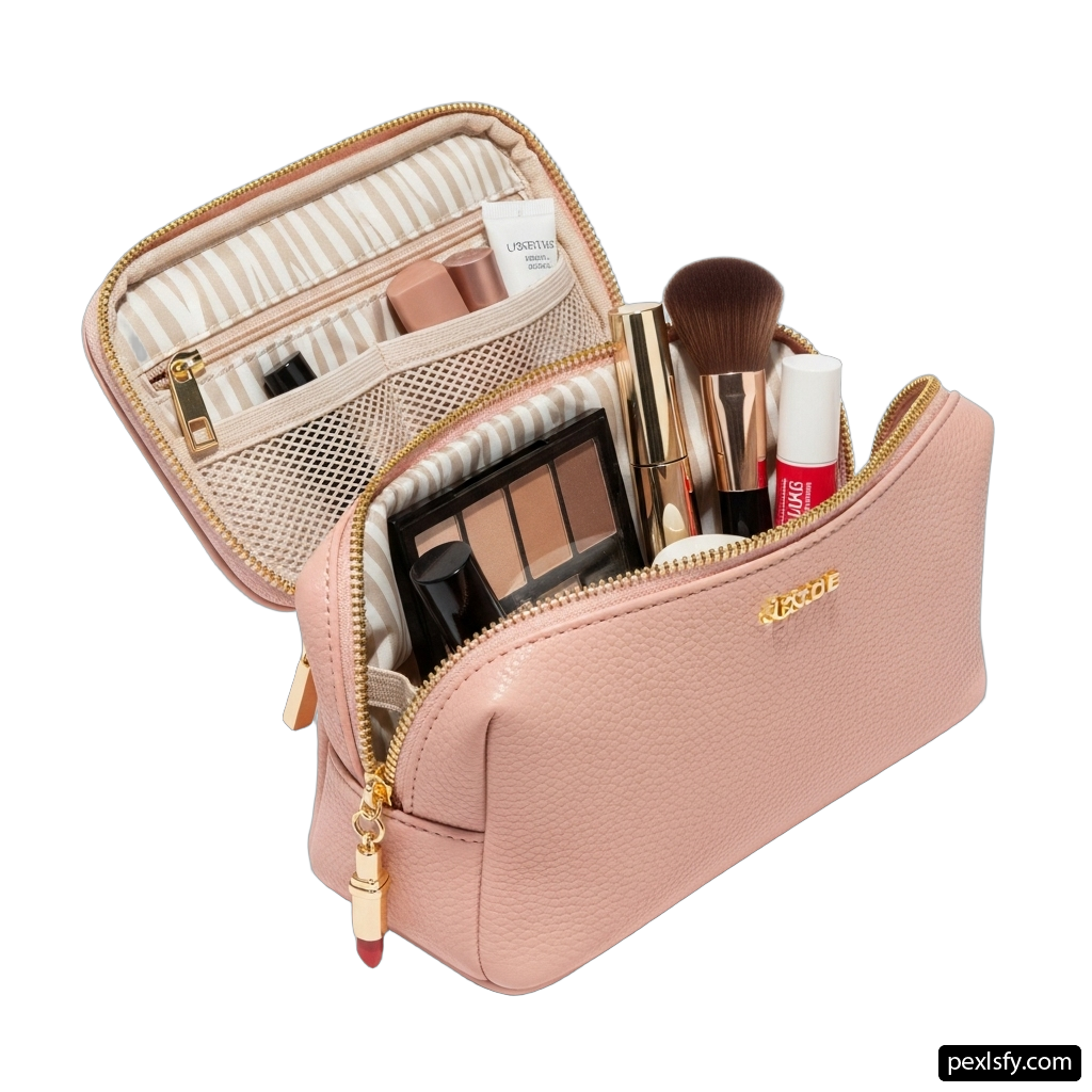 Pink cosmetic bag filled with makeup and cosmetics png transparent background
