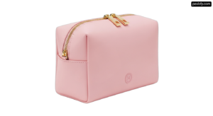 Pink cosmetic bag with a gold zipper on it png transparent background