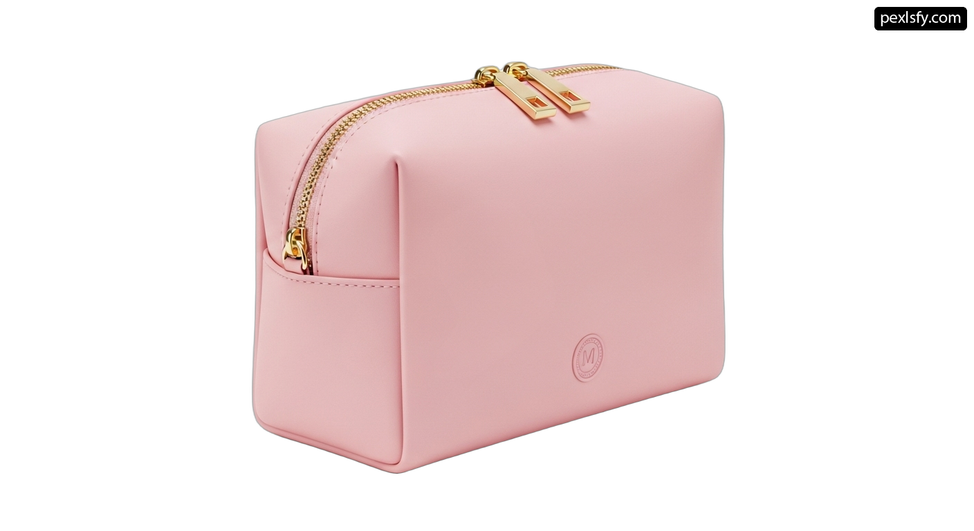 Pink cosmetic bag with a gold zipper on it png transparent background