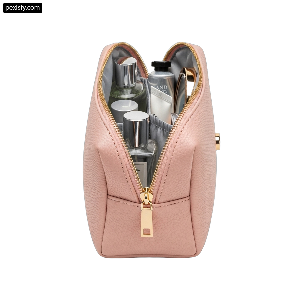 Pink purse with a lot of cosmetics inside of it png transparent background