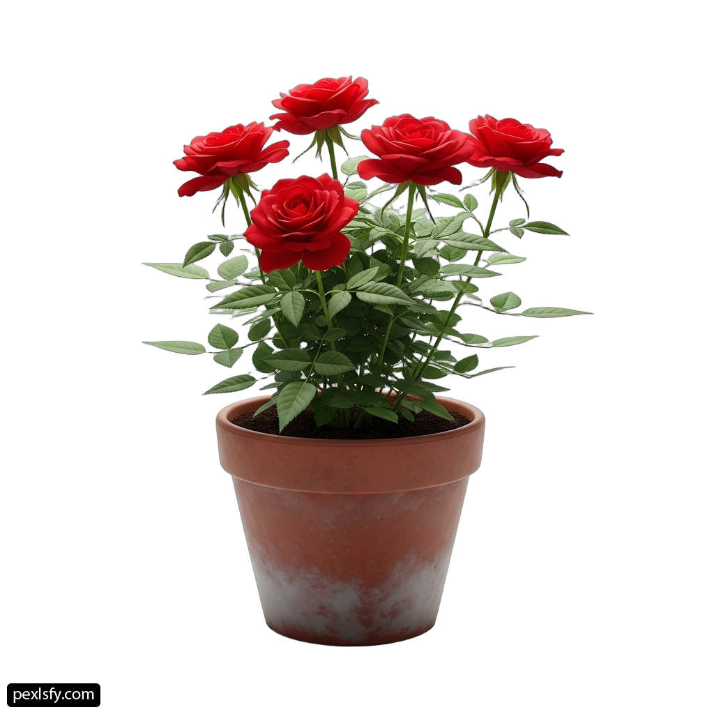 Potted plant with five red roses in it png transparent background
