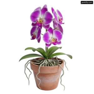 Potted plant with purple and white orchids in it png transparent background