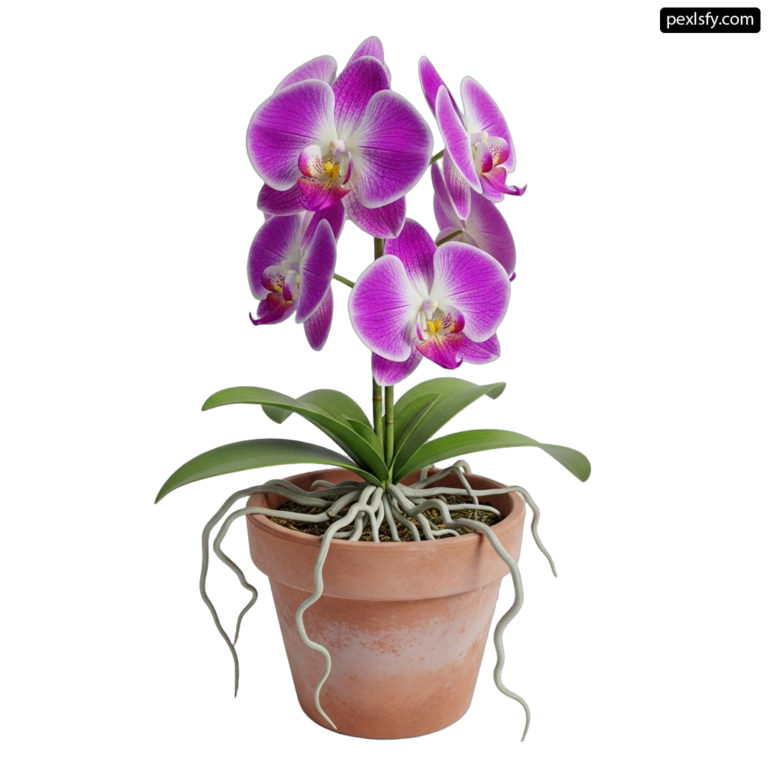 Potted plant with purple and white orchids in it png transparent background