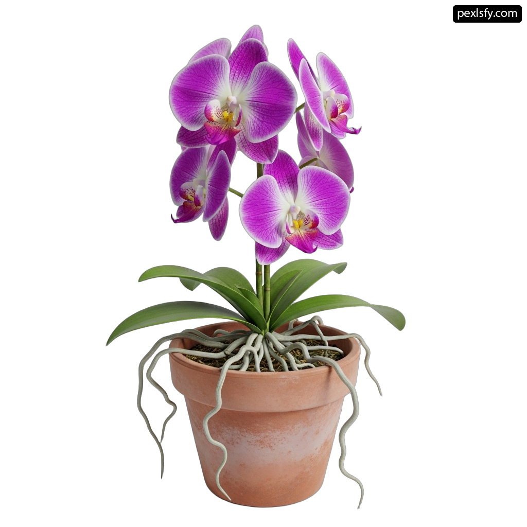 Potted plant with purple and white orchids in it png transparent background