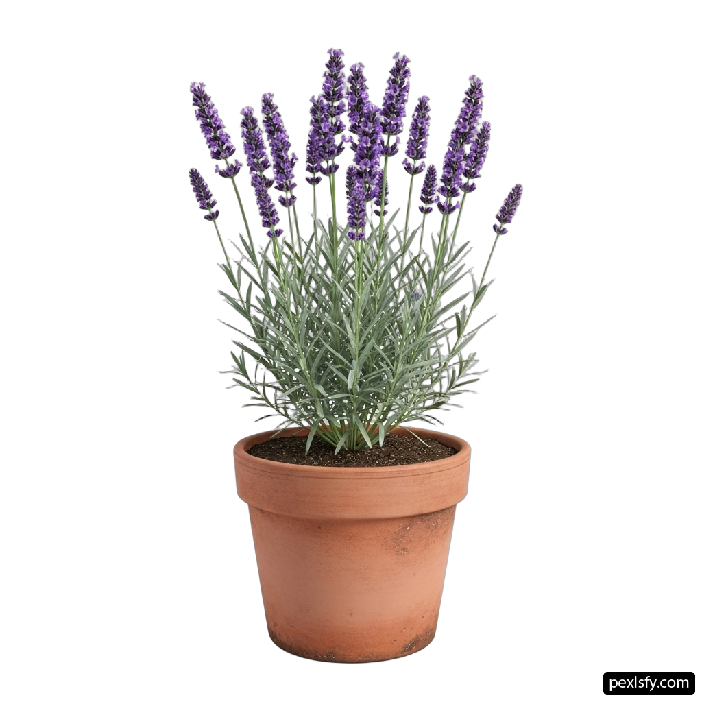 Potted plant with purple flowers on a white background png transparent background