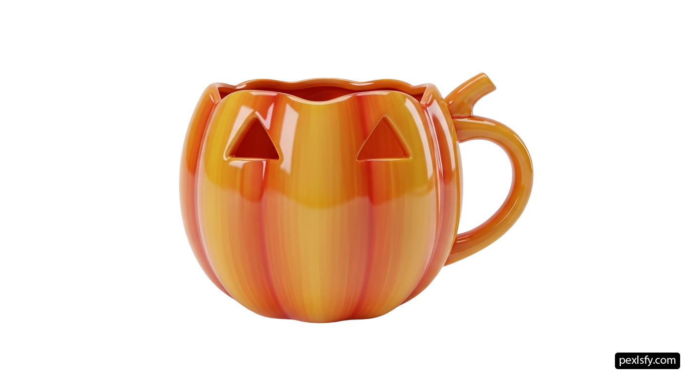 Pumpkin shaped mug with a jack-o-lantern face on it png transparent background