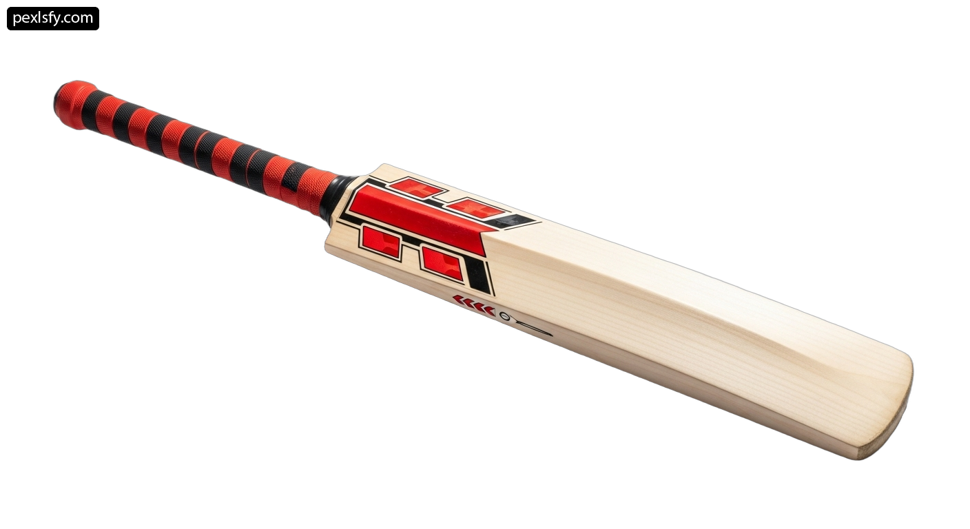 Red and black cricket bat on a white background png transparent background
