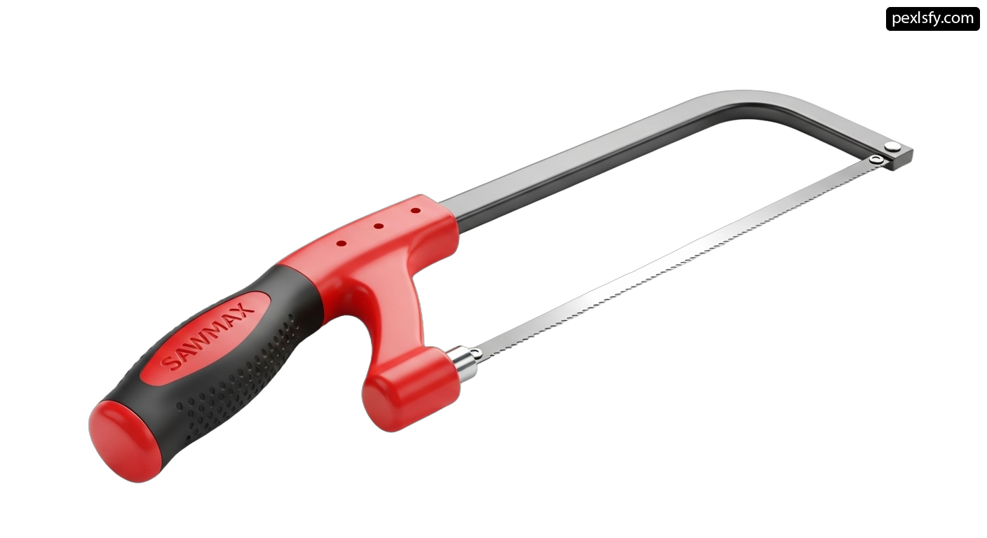 Red and black hand saw on a white background png transparent background