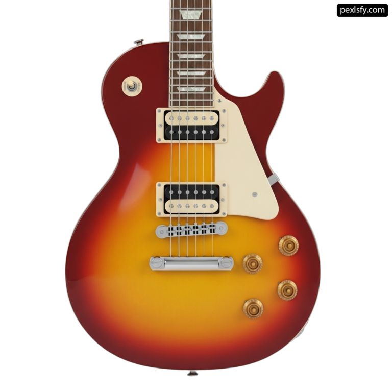 Red and yellow electric guitar on a white background png transparent background