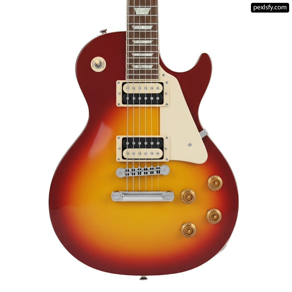 Red and yellow electric guitar on a white background png transparent background