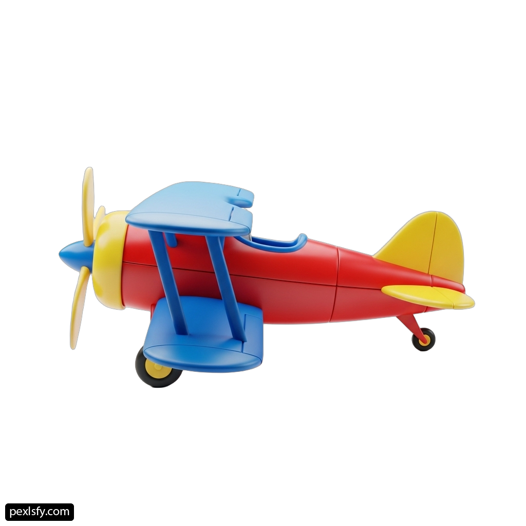 Red and yellow toy airplane on a white background png transparent background