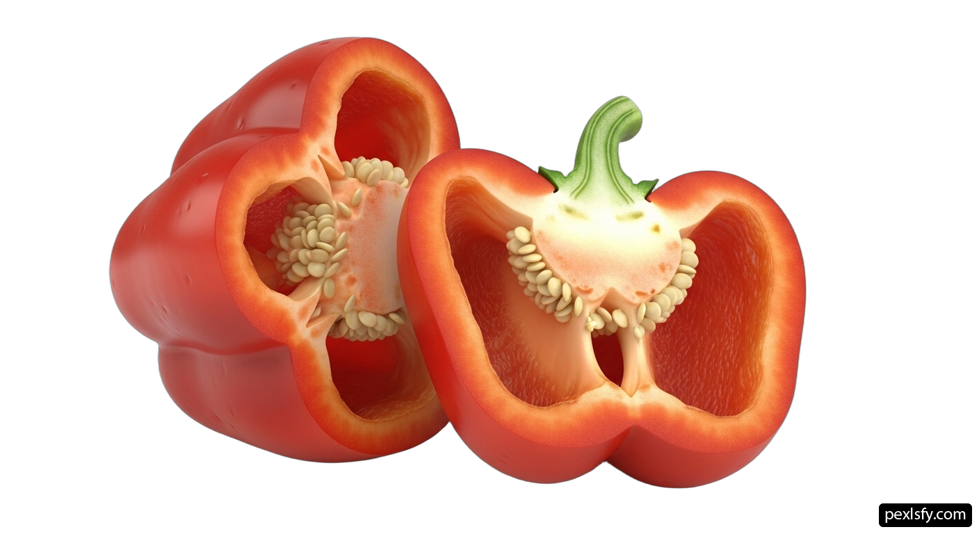 Red bell pepper cut in half on a white background png transparent background