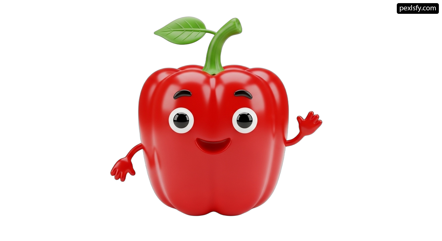 Red bell pepper with a green leaf on its head png transparent background