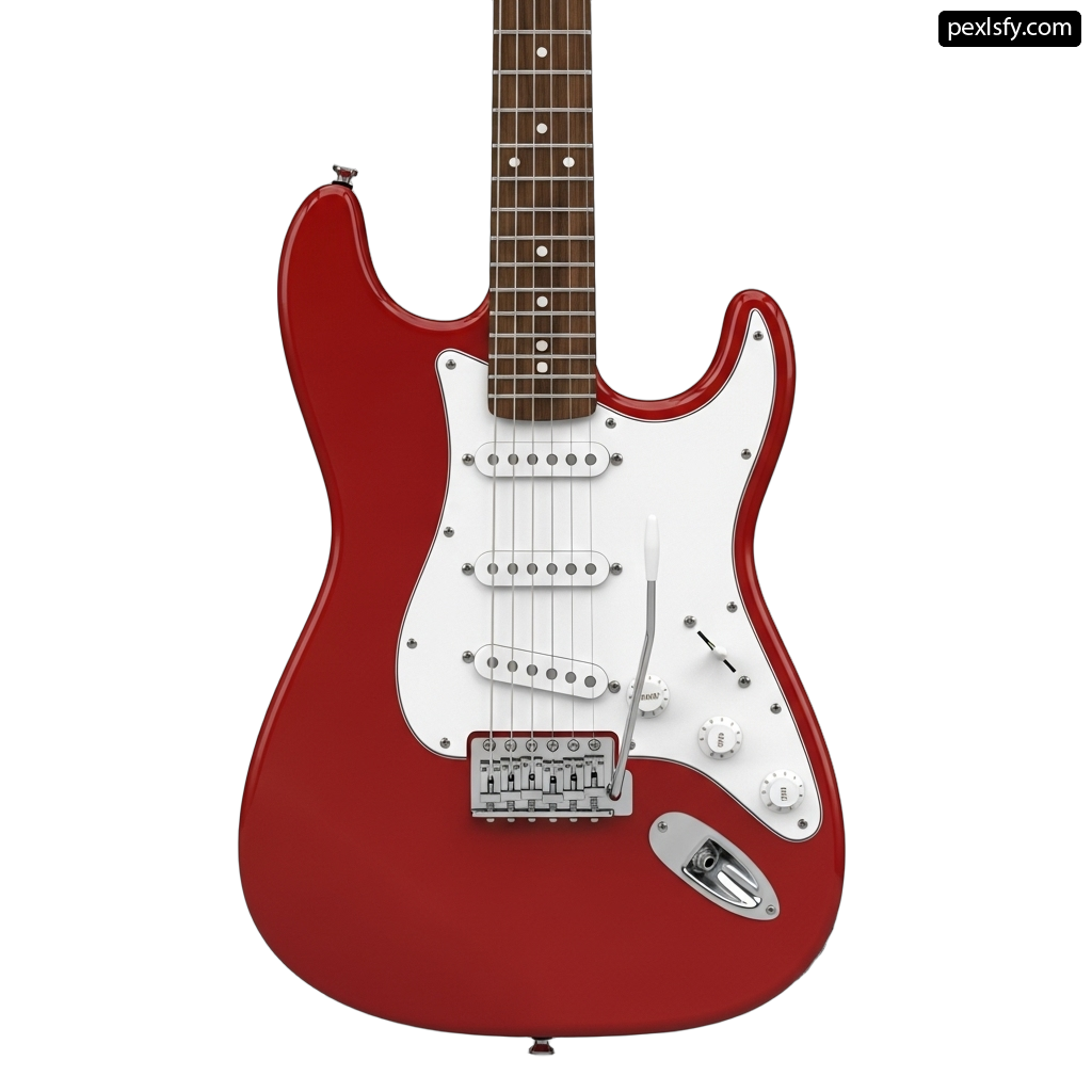 Red electric guitar with a white background png transparent background