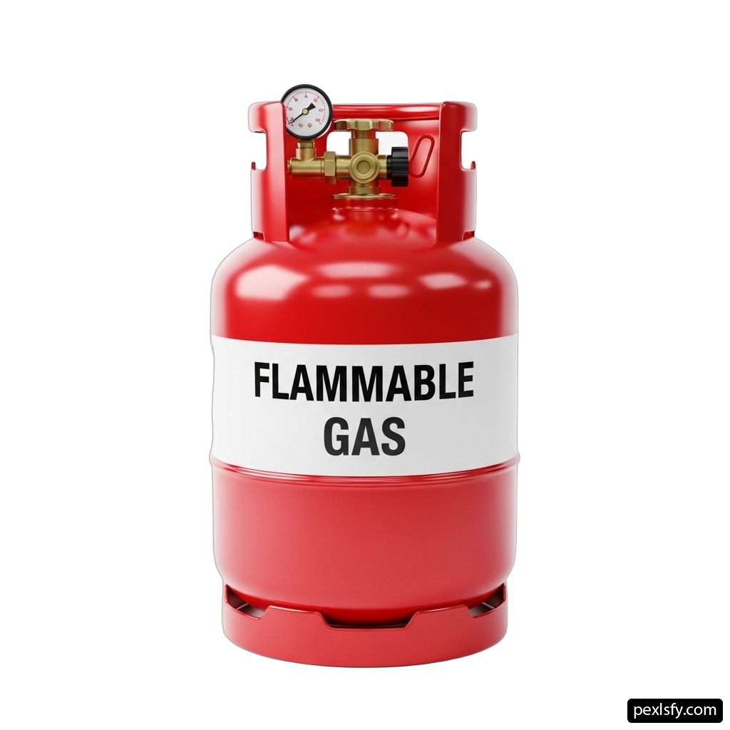 Red flammable gas cylinder with a pressure gauge on it png transparent background
