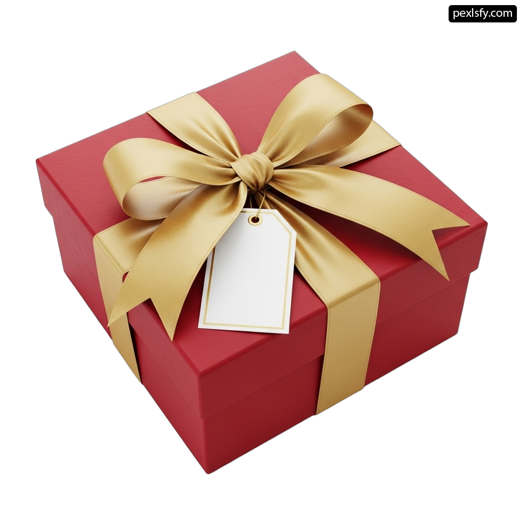 Red gift box with a gold ribbon and a tag png transparent background