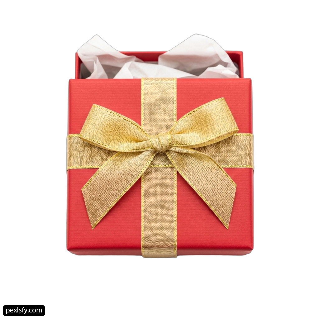 Red gift box with a gold ribbon and bow png transparent background