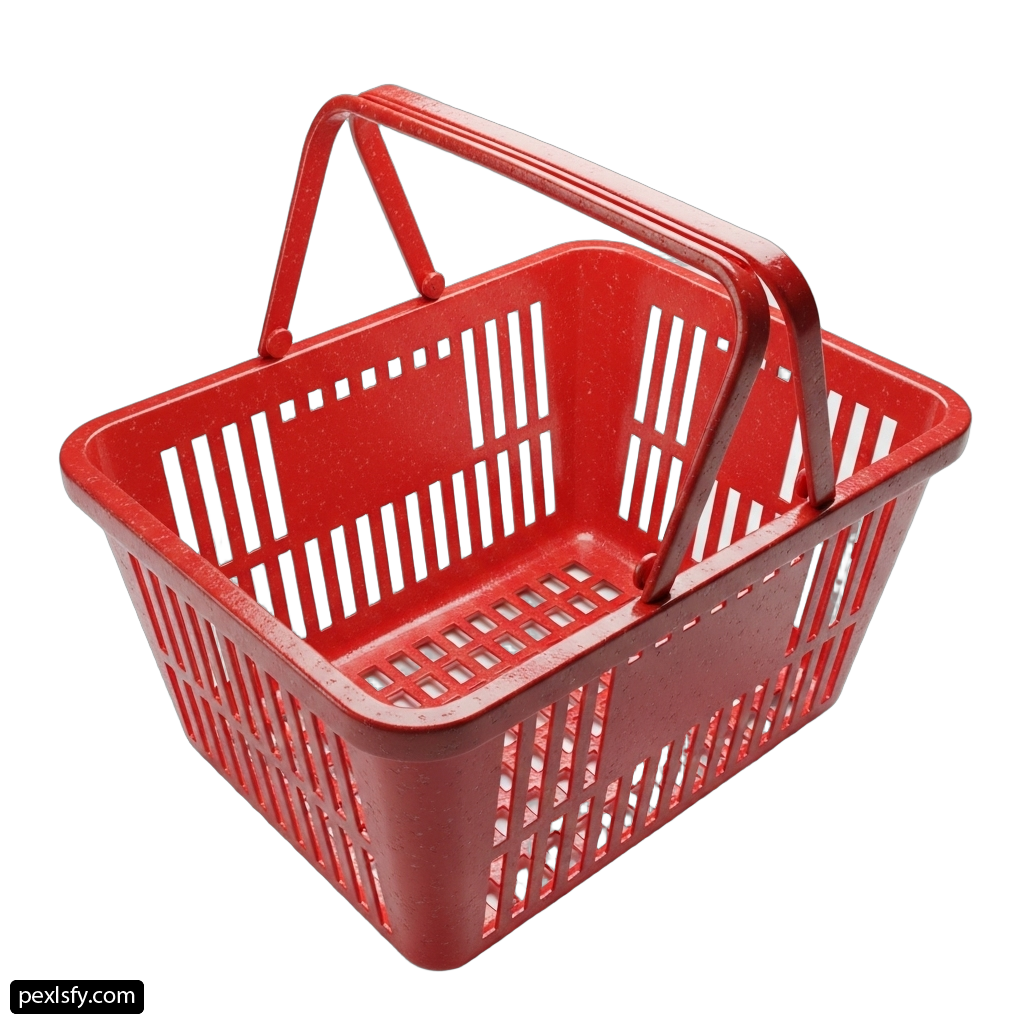 Red plastic shopping basket on a white background png transparent background