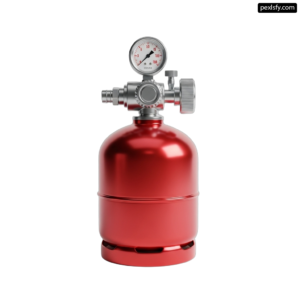 Red propane cylinder with a pressure gauge on it png transparent background