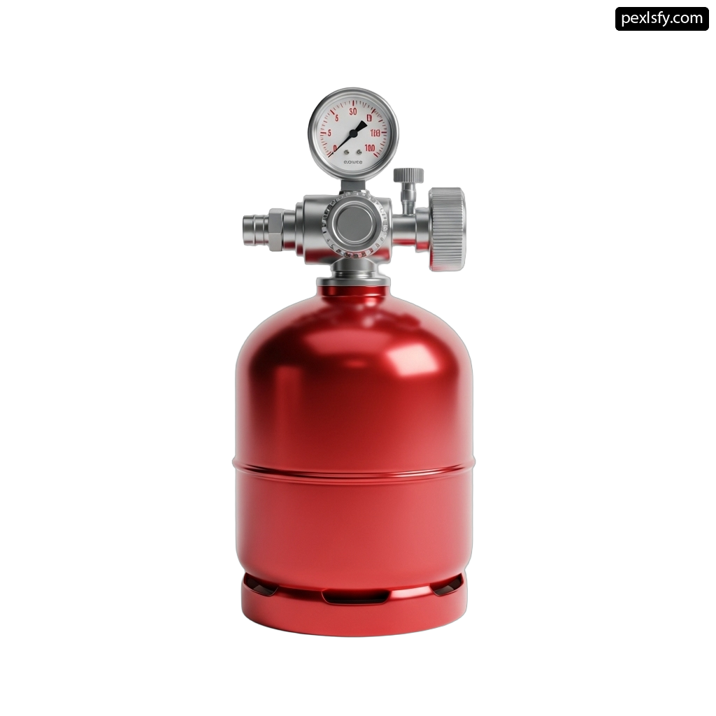 Red propane cylinder with a pressure gauge on it png transparent background