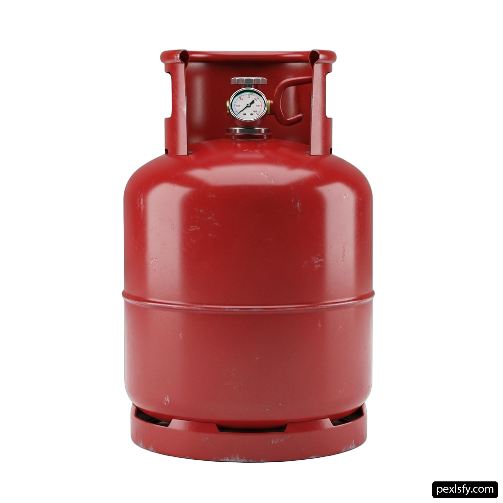 Red propane cylinder with a pressure gauge on it png transparent background