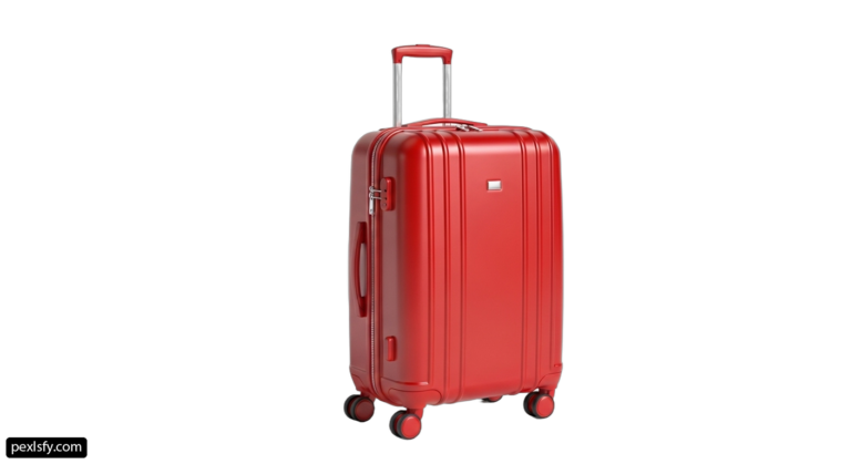 Red suitcase with wheels on a white background png transparent background