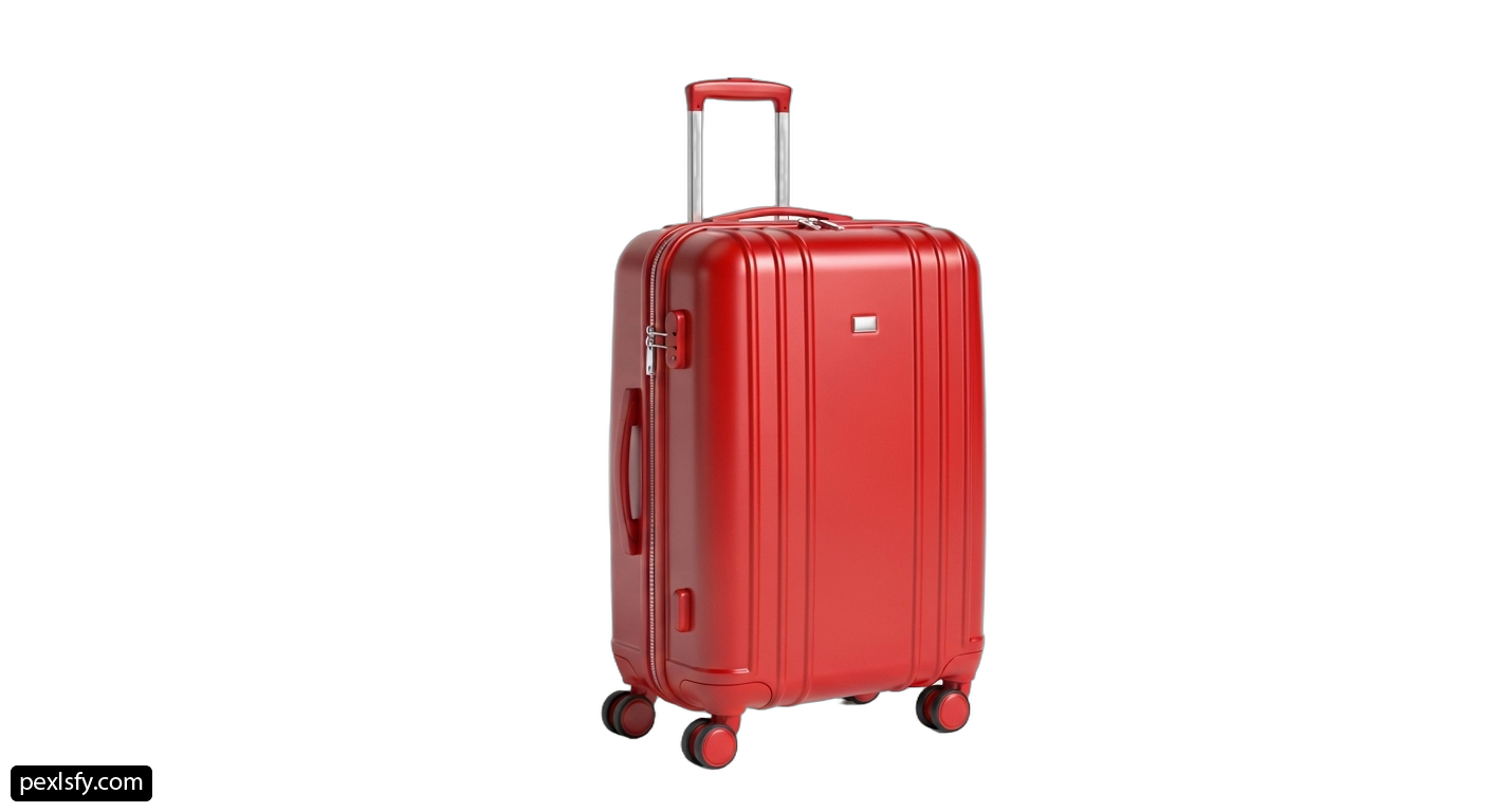 Red suitcase with wheels on a white background png transparent background