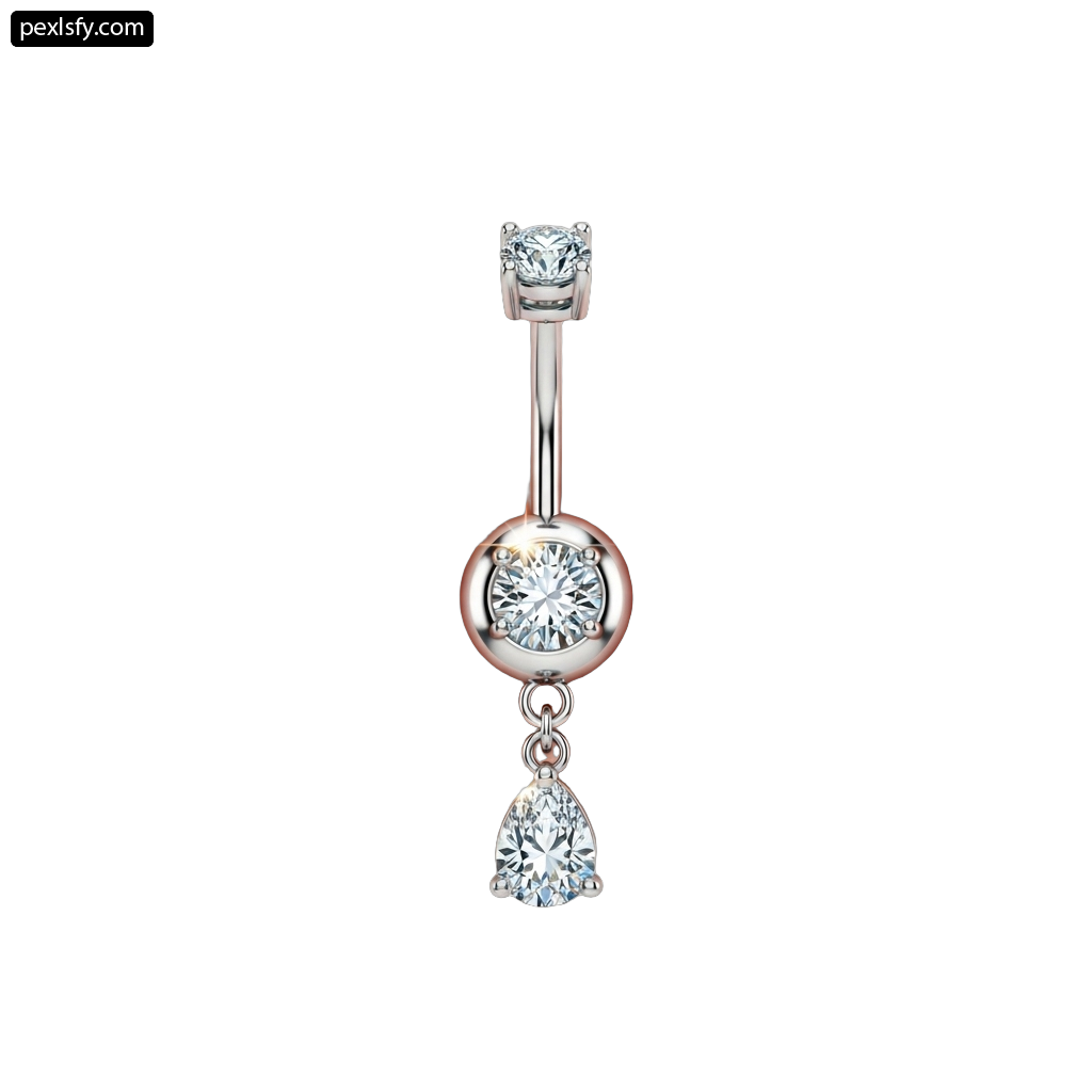 Rose gold belly button ring with a pear shaped diamond png transparent background