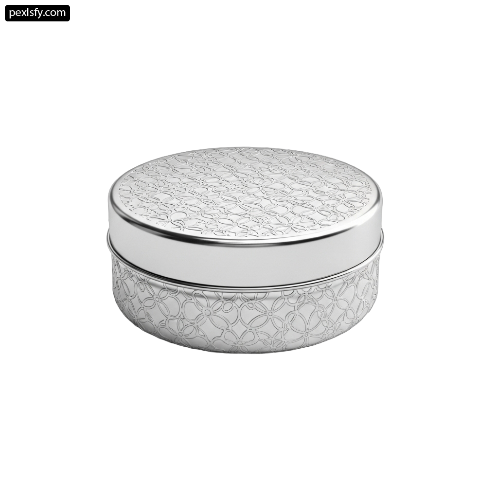 Round silver box with a pattern on it png transparent background