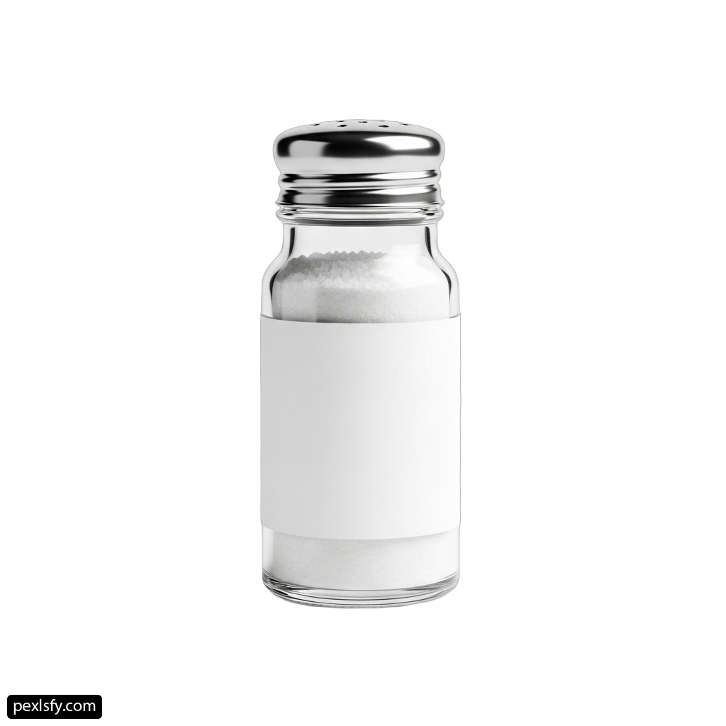 Salt shaker with a white label on it png transparent background